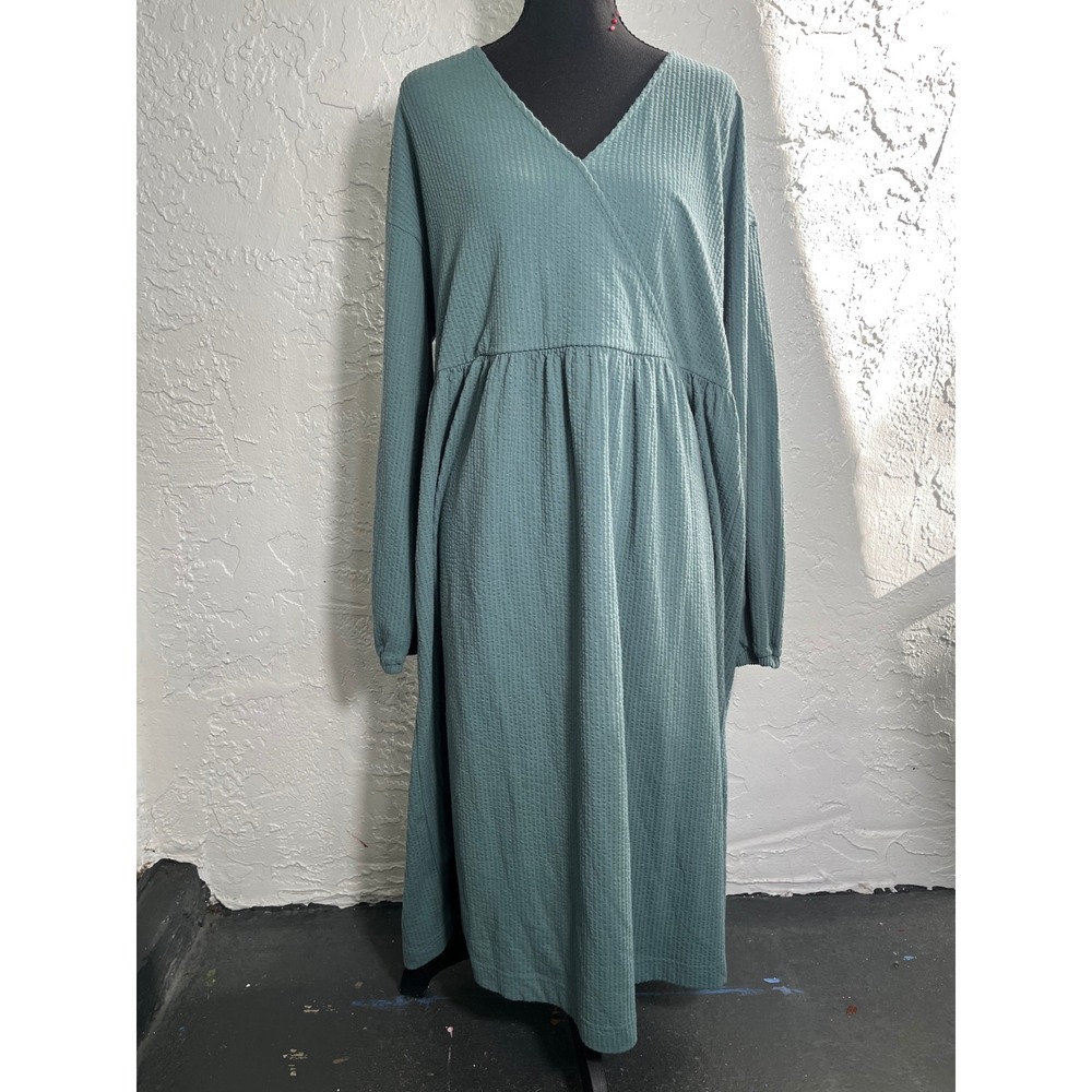 Madewell Women's XL Sage Green Textured V-Neck Long Sleeve Midi Dress